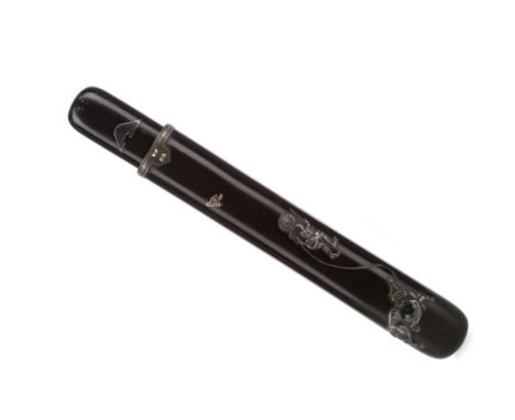 EARLY 20TH CENTURY JAPANESE LACQUERED OPIUM PIPE CASE, with applied silver decoration of a man and buffalo, 22cm long Provena