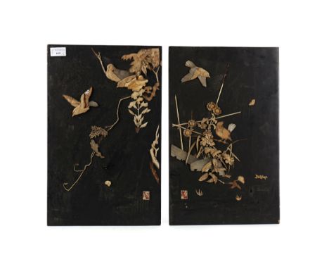 PAIR OF EARLY 20TH CENTURY CHINESE WALL PANELS, decorated in relief with bird and branches in ivory and mother of pearl, each