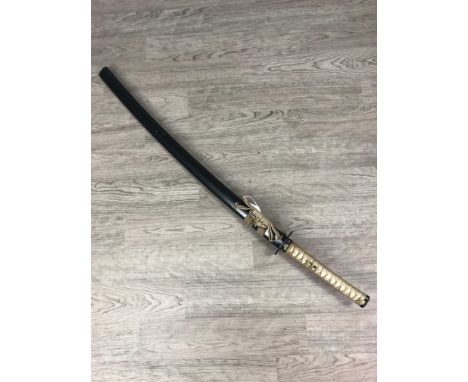 REPRODUCTION JAPANESE SWORD, with string bound simulated shagreen handle and lacquered scabbard, 106cm long overall