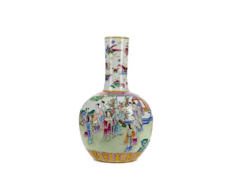 LATE 19TH CENTURY CHINESE BOTTLE VASE, painted with butterflies and flowers to the cylindrical neck and with figures in a gar