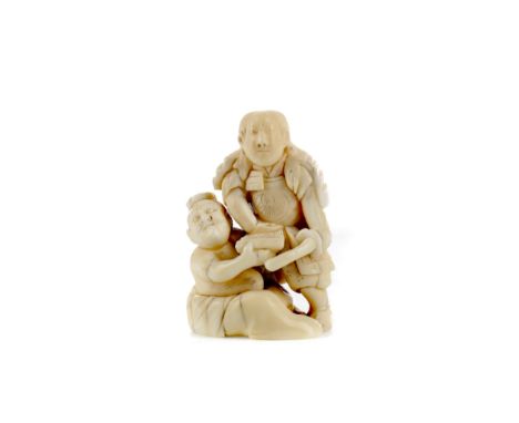 EARLY 20TH CENTURY JAPANESE IVORY NETSUKE, modelled as a samurai and attendant, signed Tomochika, 4cm high