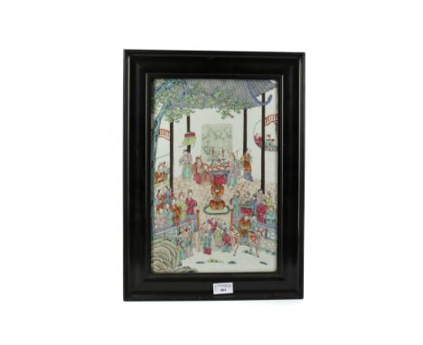 19TH CENTURY CHINESE CERAMIC PANEL, painted with figures in polychrome on a white ground, the tile approximately 38cm x 25cm 