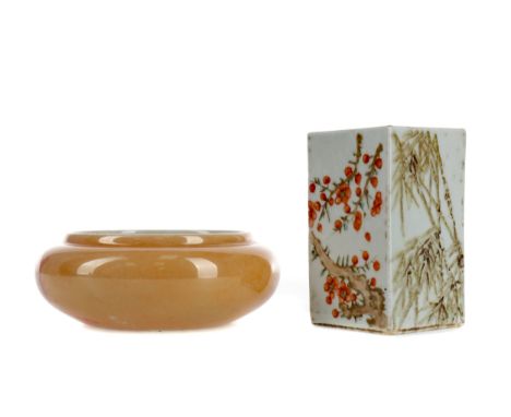 EARLY 20TH CENTURY CHINESE SPILL VASE, of square form, painted with flowering branches, 8cm high, along with a Chinese circul