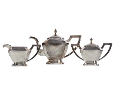 CHINESE SILVER TEA SERVICE, comprising tea pot, lidded sugar and cream, each piece stamped ZS (?) (rubbed, initals not clear)