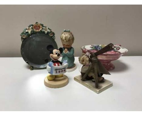 A tray containing two Goebel figurines, Stargazer together with one other, a Maling twin handled Comport, small Barbola mirro