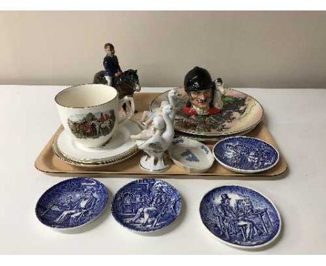 Tray containing Royal Doulton Character jug, The Master, china figure, Royal Doulton plates, English Hunting scene cup and sa