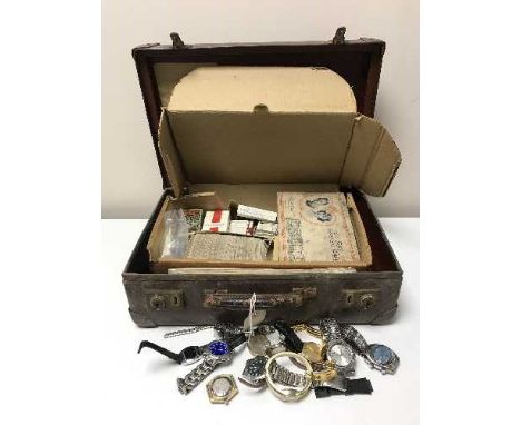 An Albert Trotter vintage suitcase containing a quantity of miscellaneous wrist watches, two albums of Wills cigarette cards,