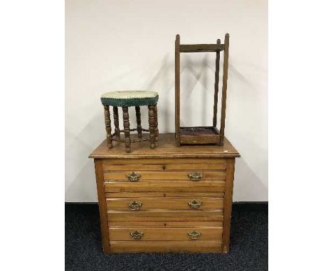 A satin walnut three drawer chest, stick stand and upholstered stool