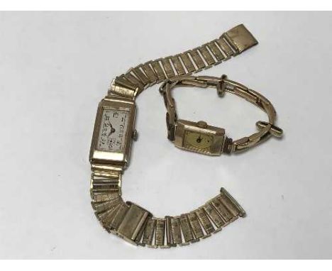 A gents vintage gold rectangular cased wristwatch, circa 1940's, together with a lady's rectangular gold cased wristwatch and