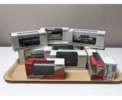 Fourteen Marklin wagons and trailers , 48283, 46039, 4432, 46364, 46601, 47002, 48945, 48114, 46078, 46161, 4431, 4423, 94231