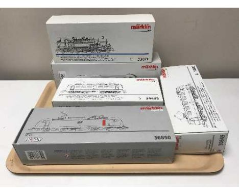 Five Marklin engines numbers 36850, 33071, 34402, 36848, 30345, HO scale all parts boxed. (5)