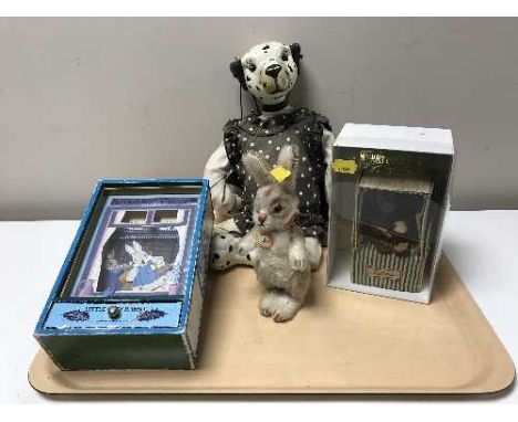 A tray of Steiff miniature rabbit, mid twentieth century monkey toy, little grey rabbit music box, jointed puppet etc 