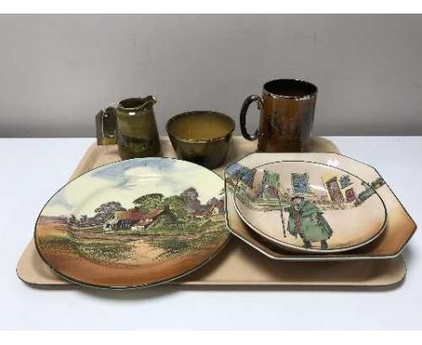 A tray of Royal Doulton Dickens ware bowls, Tony Weller D6327, Fat Boy D 6327, Royal Doulton plate depicting a cottage, Ridge