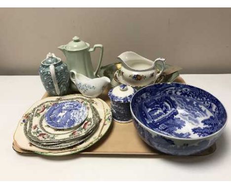 Two trays of Spode blue and white bowl, Maling preserve pot, Royal Albert Country roses china etc 