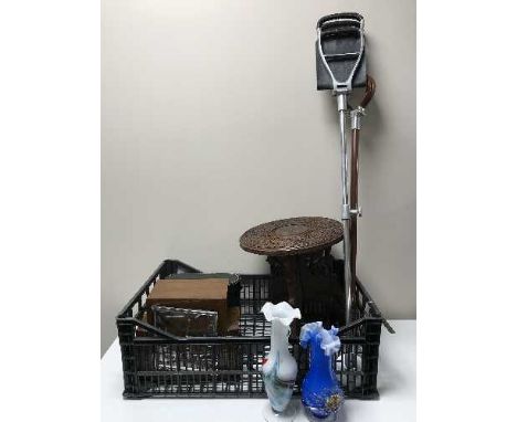 A box of folding hardwood table, two shooting sticks, walnut clock, glass vases, binoculars etc 