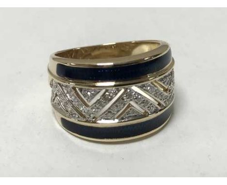 A 9ct gold diamond and enamel dress ring, 7.1g