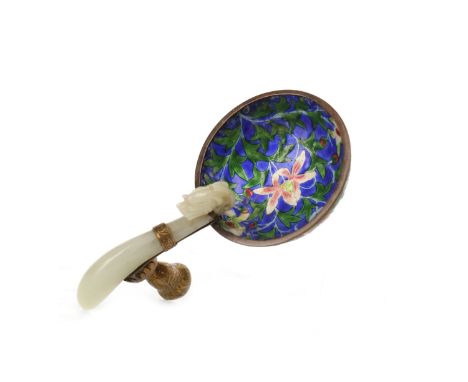 EARLY 20TH CENTURY CHINESE ENAMEL METAL BOWLwith green hardstone handle, the bowl 7.5cm diameter, 14.5cm long overall