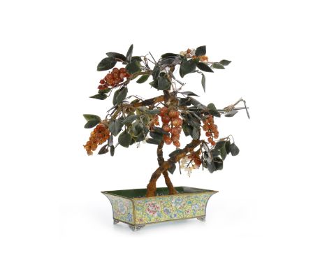 EARLY/MID 20TH CENTURY CHINESE HARDSTONE TREEwith green agate leaves and orange/opaque agate berries, in a cloisonne enamel r