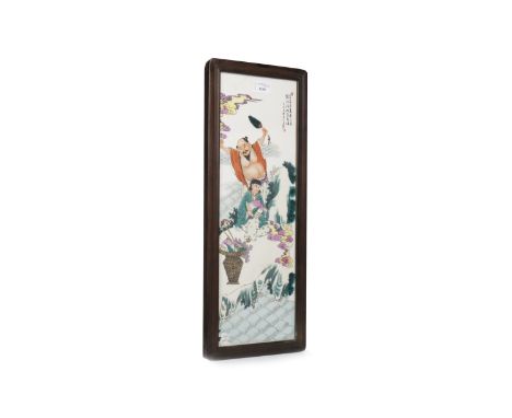 LATE 20TH CENTURY SET OF FOUR CHINESE CERAMIC PANELSeach decorated with figures amongst clouds, in hardwood frames, each 54cm