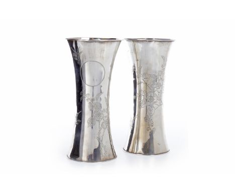 PAIR OF EARLY 20TH CENTURY CHINESE SILVER VASES of flaring cylindrical form, engraved with birds in flight and flowers, stamp