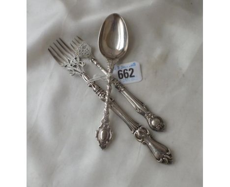 Victorian pickle fork, another decorative fork and a spoon  