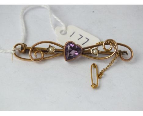 Large gold mounted amethyst &amp; pearl heart brooch 6cm long 6,2g inc 