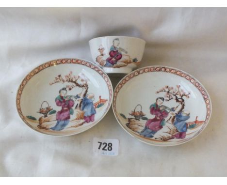 Pair of enamelled saucers and a matching tea bowl   