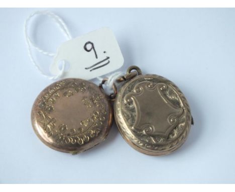 A circular gold hinged locket and another with blue enamel  