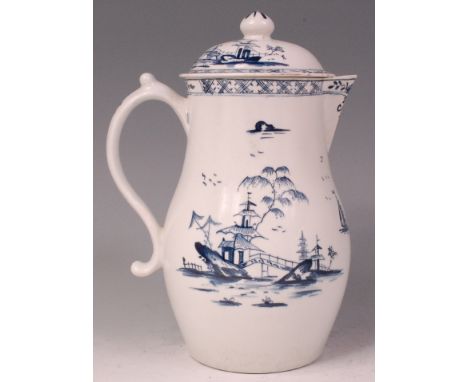 A Lowestoft porcelain milk jug and cover, underglaze blue painted with an Oriental river landscape, circa 1770-72, h.25cm Con