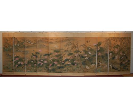 A set of eleven (formally twelve) Chinese Republic period silkwork scroll paintings, forming an extensive panoramic view of b