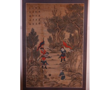 An early 20th century Chinese silkwork scroll painting, depicting a ceremonial figure landscape scene, watercolour on paper w