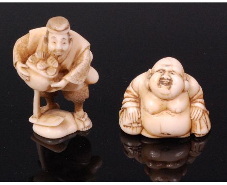 A Japanese carved ivory netsuke of a street vendor, with penwork decoration, signed verso, Meiji period, h.5cm; and one other