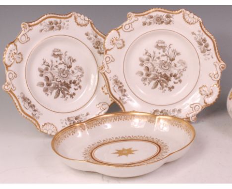 A pair of 19th century Worcester porcelain dessert plates, pattern number 302, heightened in gilt, dia. 24cm; and an early 19
