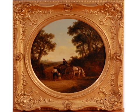 Thomas Smythe (1825-1906) - Travellers with horse and cart within a landscape, oil on panel, signed, framed as a circle, dia.