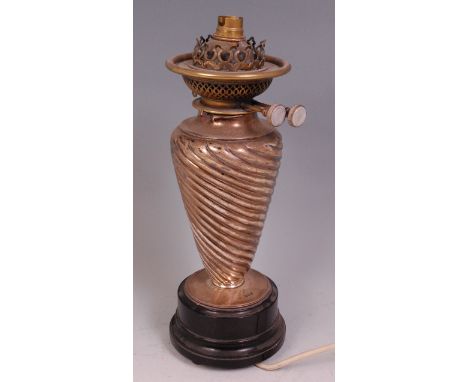 A late Victorian silver lampbase, the whole of spiral reeded conical form, raised upon a polished slate plinth, maker Mappin 