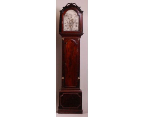 A Bouffler of London mahogany cased longcase clock, the silvered arch dial (arch probably later) (w.12") signed to the centre