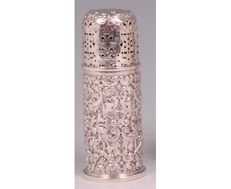 A late Victorian silver lighthouse sugar caster, having pierced cover and all-over leaf and flower embossed cylindrical body,