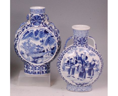 A Chinese export moon flask, underglaze blue decorated with opposing reserves of figure landscape scenes, h.20cm; and one oth