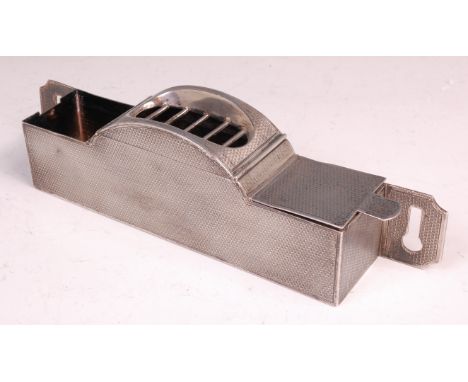 An Asprey's engine turned silver ashtray, reputedly made for and removed from a Rolls Royce motor car, having hinged and gril