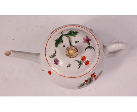 A mid-18th century Worcester porcelain teapot and cover, of bullet shape, polychrome decorated in the Red Bull pattern (with 