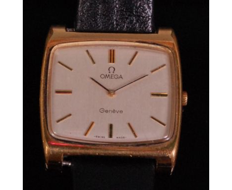 An Omega Geneve gents gold plated wristwatch, having a signed and silvered 'TV' dial with baton markers, manual wind movement