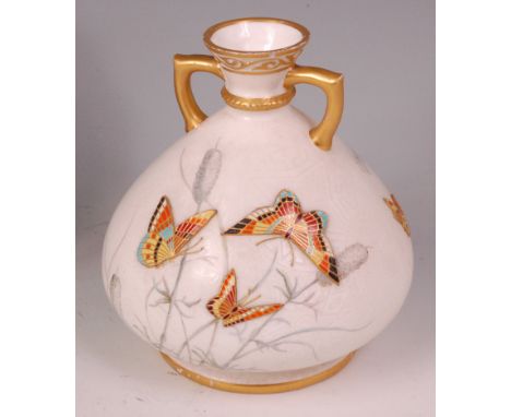 A late 19th century Worcester porcelain Japanese influence twin handled vase, of conical form, the whole decorated with six r