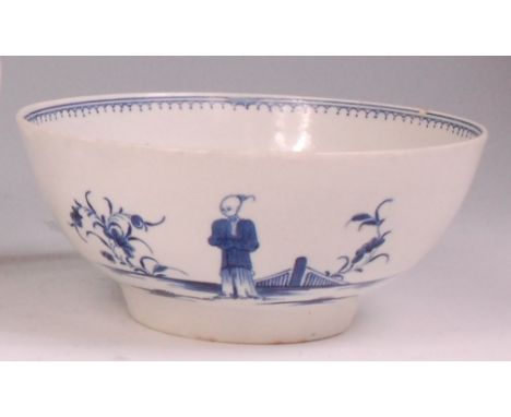 An 18th century Worcester porcelain slop bowl, underglaze blue decorated in the Waiting Chinaman pattern, with hatched cresce