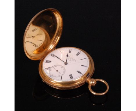 An Edwardian 18ct gold gents full hunter pocket watch, having engine turned case, the white enamel dial (with hairline) signe