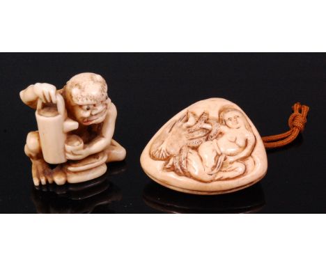 A Japanese carved ivory netsuke as a seated Oni drinking saki, unsigned, Meiji period, 3.5cm; and one other as a clamshell wi