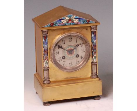 A late 19th century French silvered, gilt brass and further champlevé enamel inlaid mantel clock, of architectural outline, h