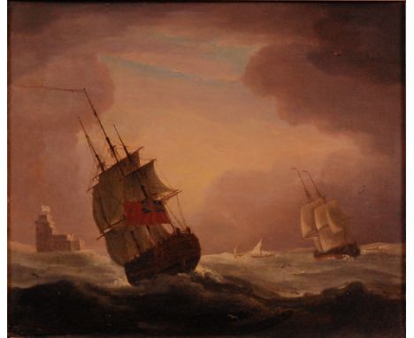 Follower of Thomas Luny - A naval frigate in stormy seas, oil on canvas, bears signature lower left (re-lined), 32 x 37cm Con