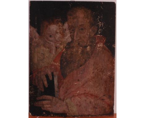 17th/18th Flemish school - Portrait of St Matthew and the Angel, oil on oak panel, 47 x 35cm (distressed)  Condition Report /