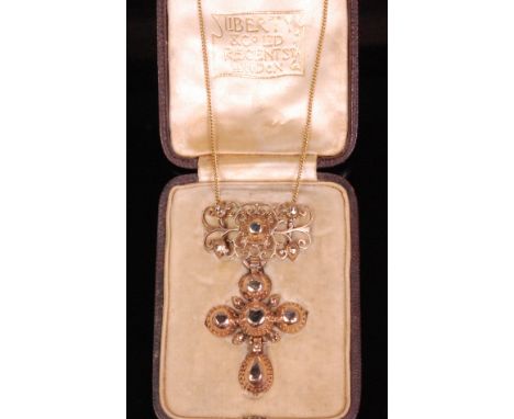 A Liberty & Co Art Nouveau gold and diamond pendant, in original fitted leather Liberty & Co of Regent Street case, the penda