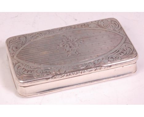 A 19th century continental silver snuffbox, having engine turned and scroll leaf engraved decoration, indistinctly marked, 7.